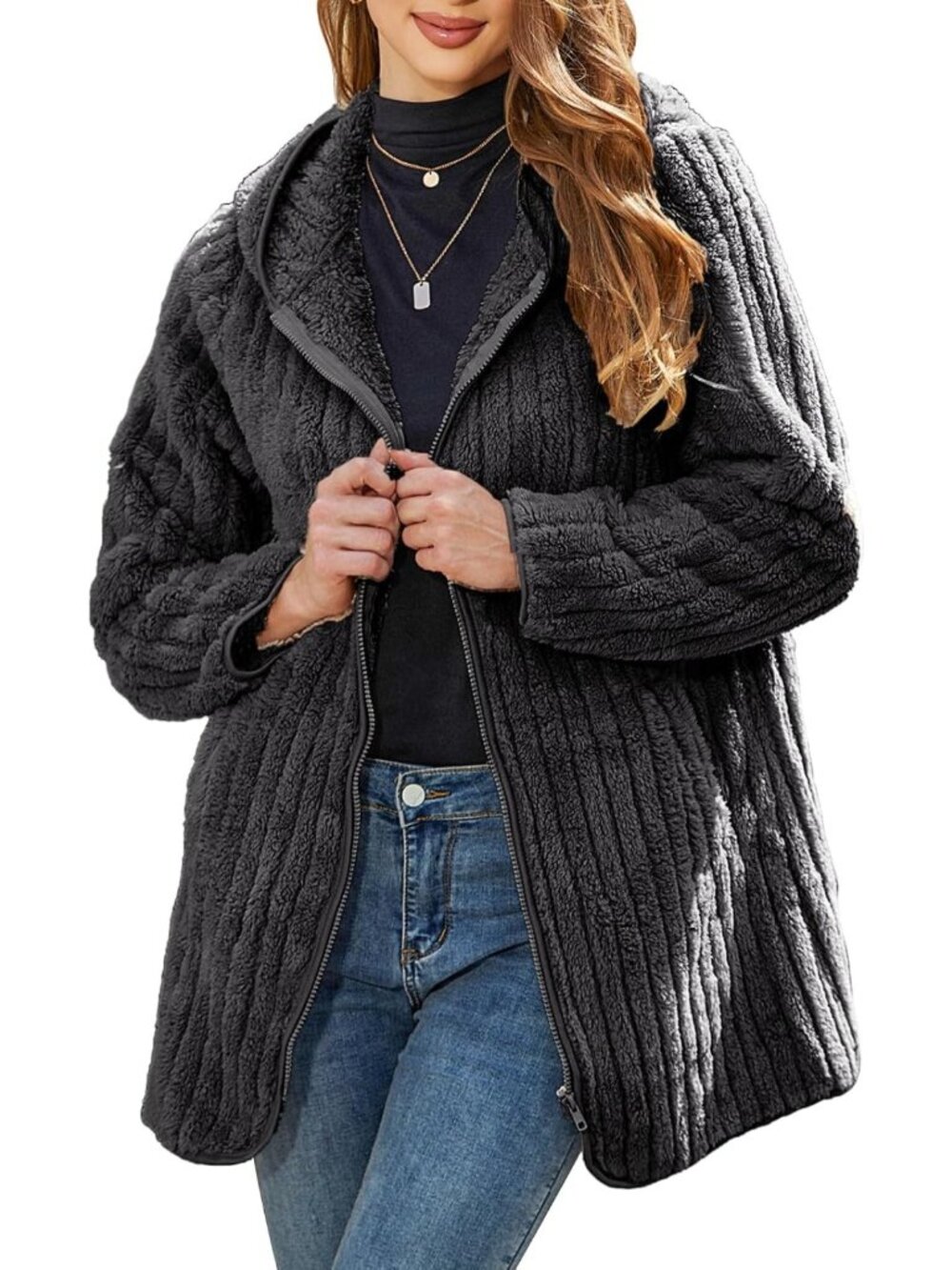 Cozy Hooded Fleece Jacket for Women - Warm Sherpa Coat, Sizes S-5XL